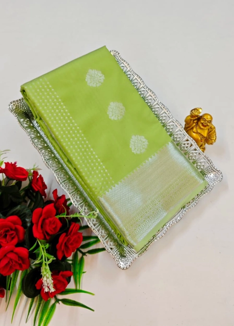 Bridal silk gold silvar and copper zari weave and wedding art silk sarees - light green